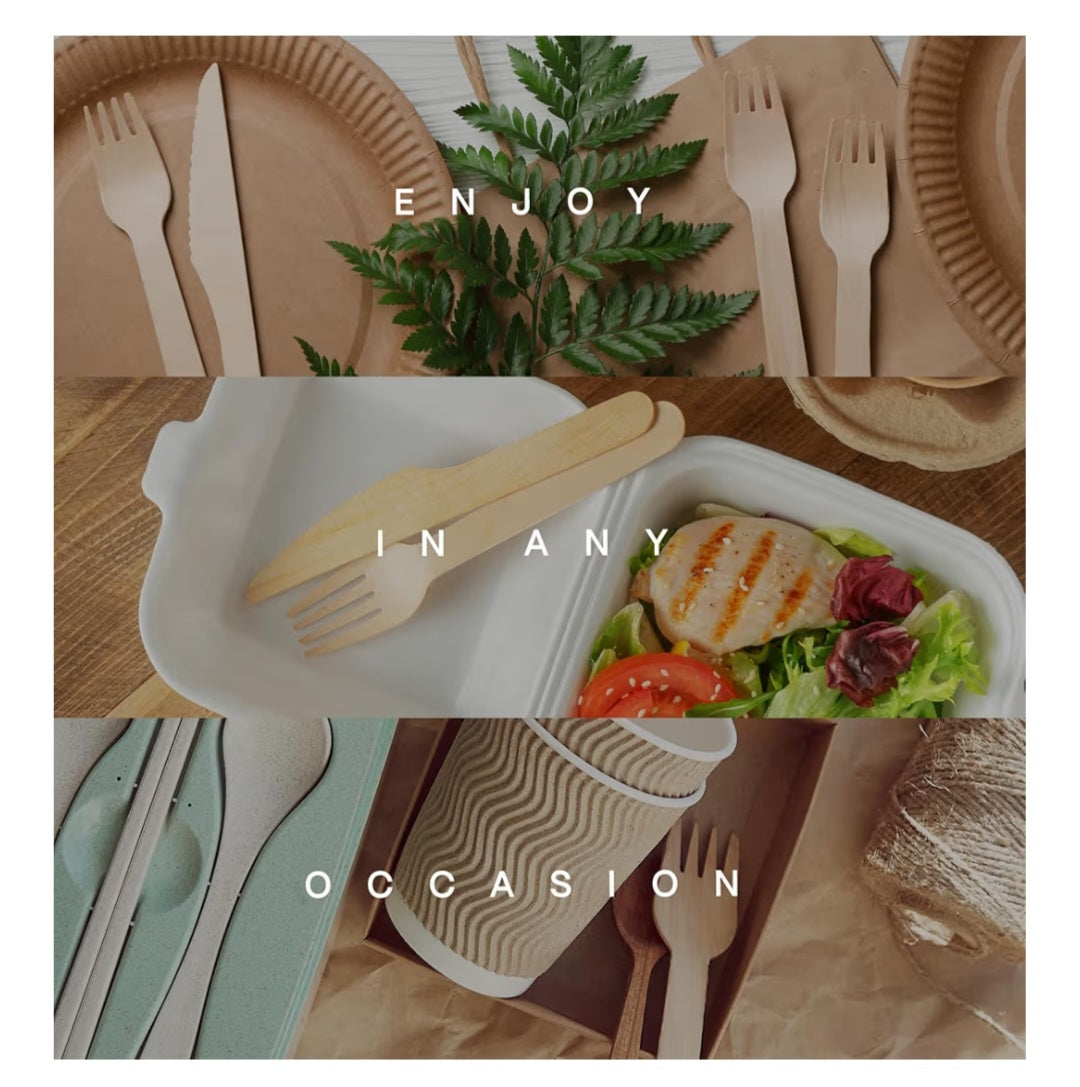 100% Compostable Cutlery Set - 300 Pieces Wooden Compostable Utensils