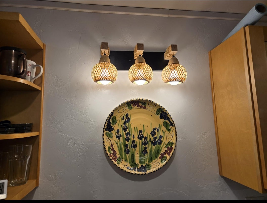 3-Light Boho Vanity Bathroom Hallway Light, Bamboo Wicker Rustic