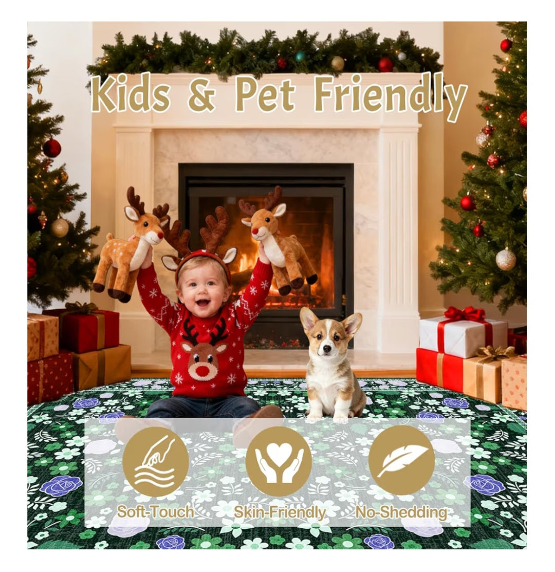 Green Area Rug 5'x7' Washable for Living Room, Low Pile Non-Slip Vintage Printed Rug