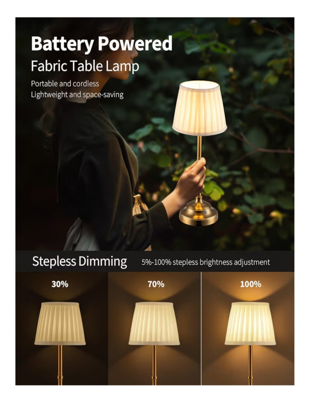 Portables Cordless Table Lamp, Fabric Shade Desk Lamp Rechargeable NEW