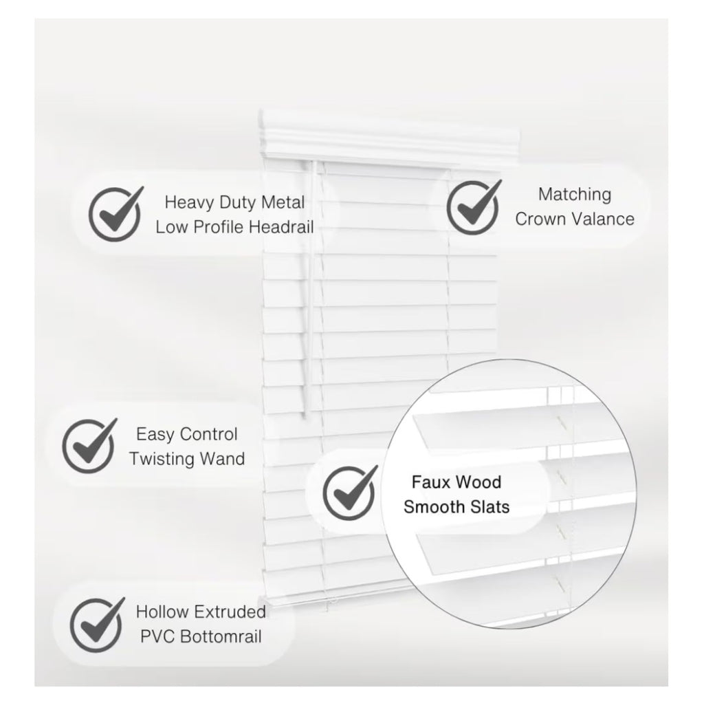 2 Inch Faux Wood Blind, 70" Wide x 60" Long, Bright White