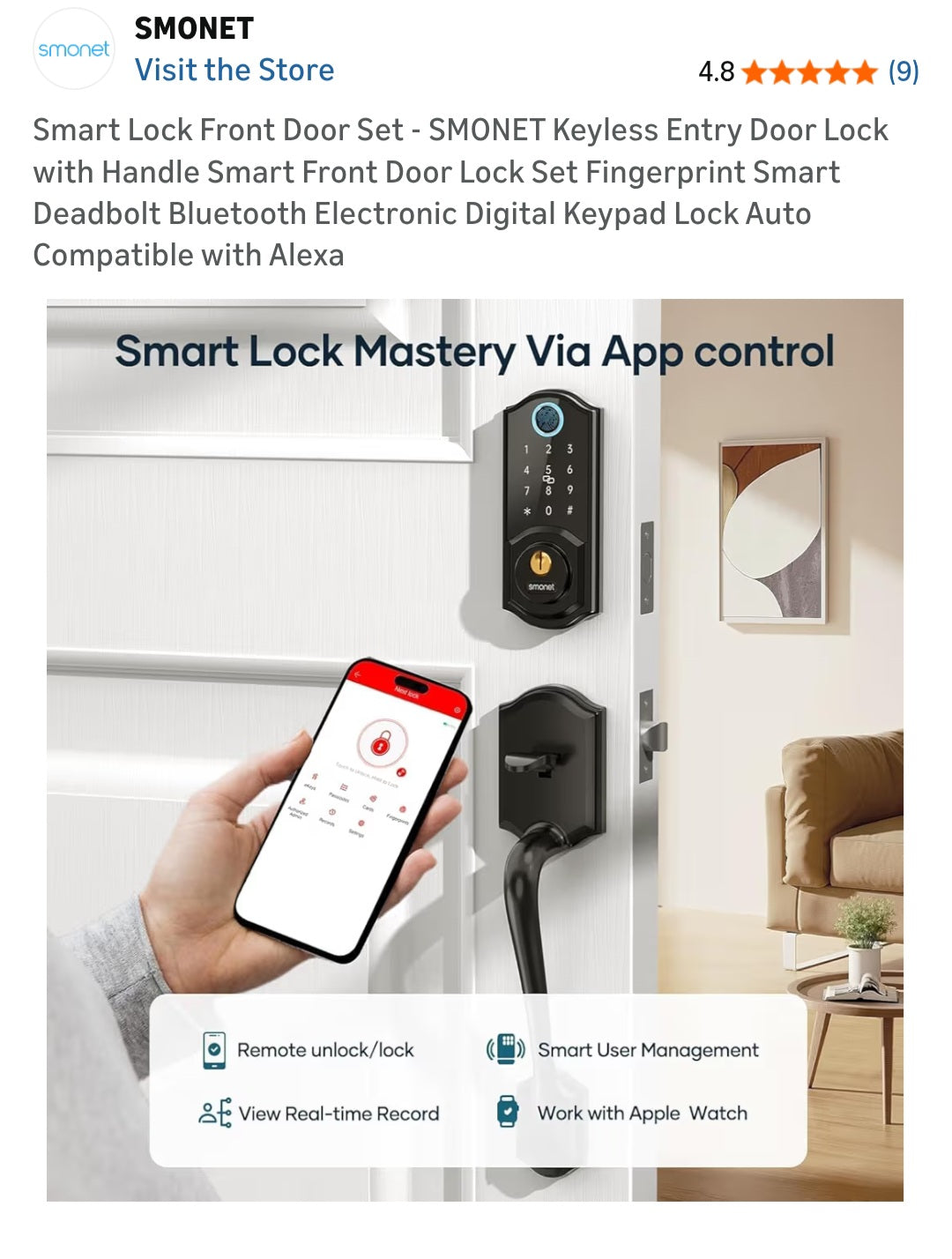 Keyless Entry Smart Lock Keypad, Fingerprint Knob SMONET