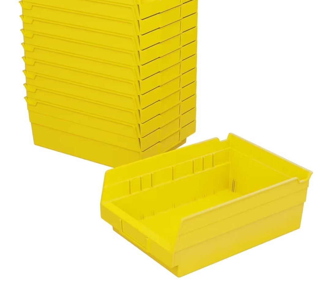 Plastic Shelf Bins, Heavy Duty Storage Bins for Garage, Closet, and Drawer Organization, 12" x 8" x 4", Yellow, 6-Pack