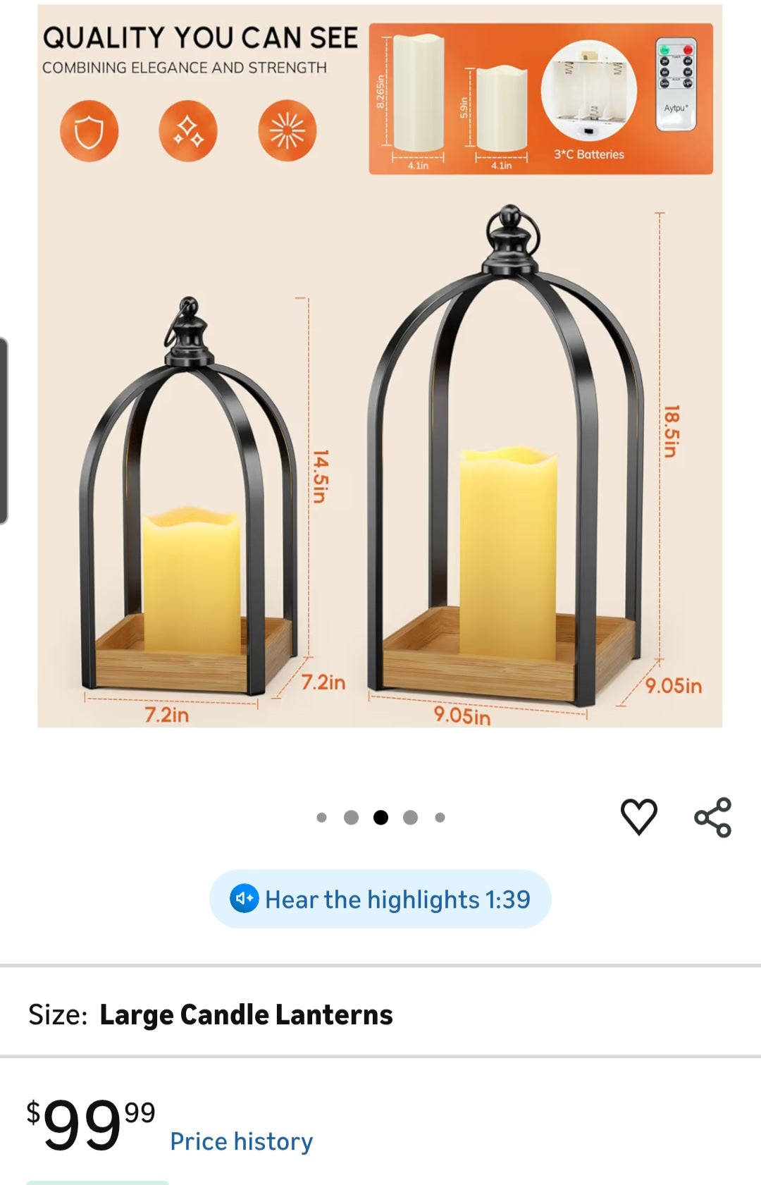 Farmhouse Lantern Decor Set of 2, Black Metal Candle Lanterns w/Timer & Remote-Controlled Flickering