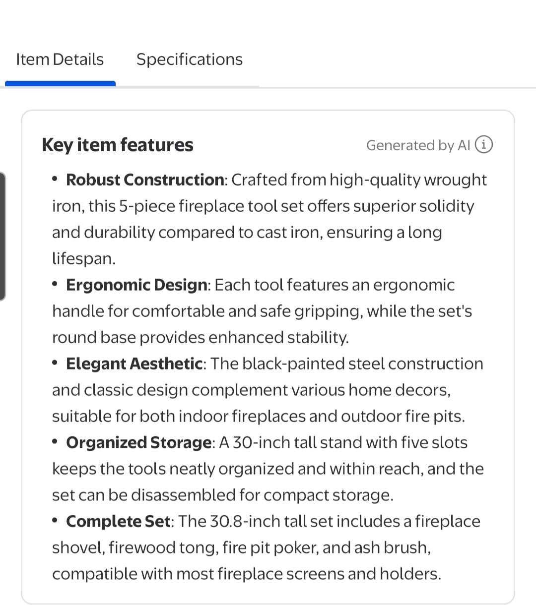 Fireplace Tool Set 5PC Wrought Iron