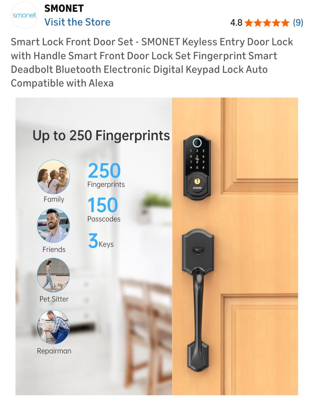 Keyless Entry Smart Lock Keypad, Fingerprint Knob SMONET