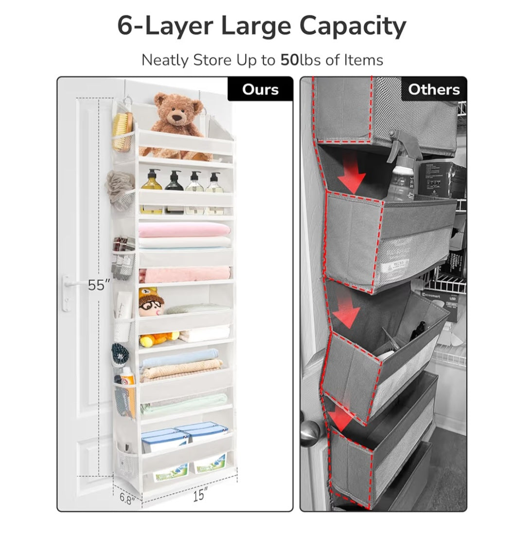 Over The Door Organizer 6 Large Pockets 12 Side Pockets, 50lbs Weight Capacity Beige NEW