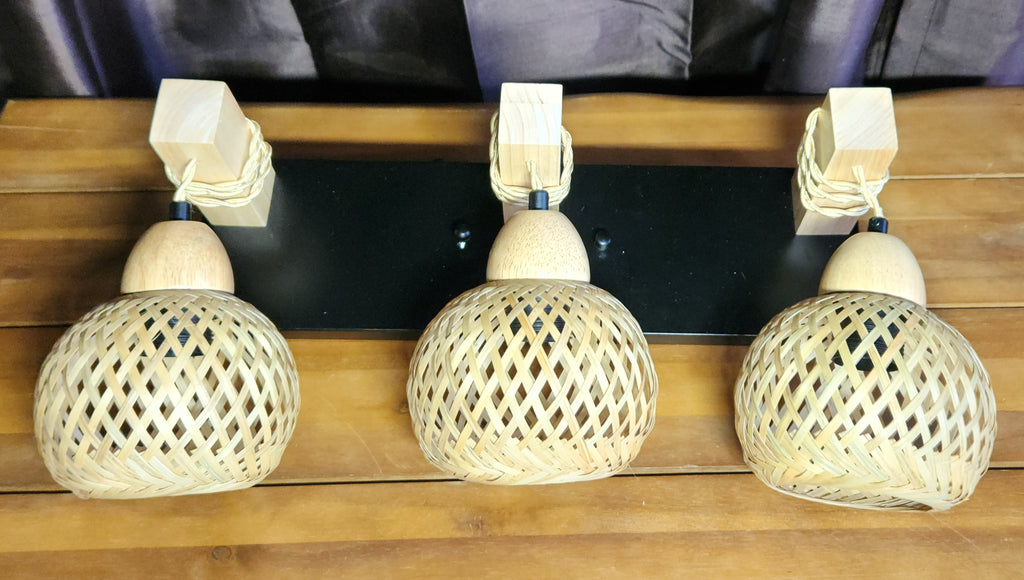 3-Light Boho Vanity Bathroom Hallway Light, Bamboo Wicker Rustic