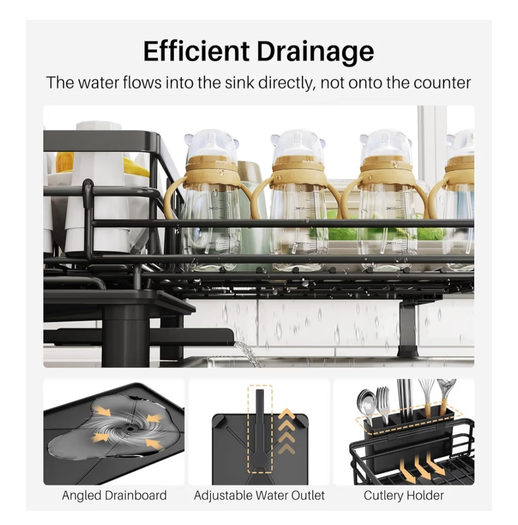 Dish Drying Rack-Extendable Large for Kitchen Counter, Stainless Steel with Utensil Holder (Black)