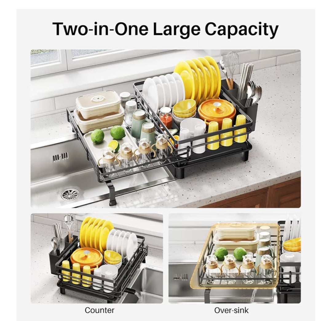 Dish Drying Rack-Extendable Large for Kitchen Counter, Stainless Steel with Utensil Holder (Black)