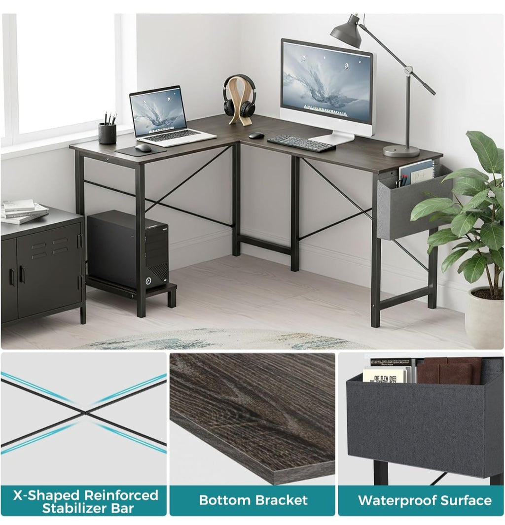 L Shaped Desk,Grey Office Computer Gaming Desks Corner PC Table with Side Bag and Reversible Shelf