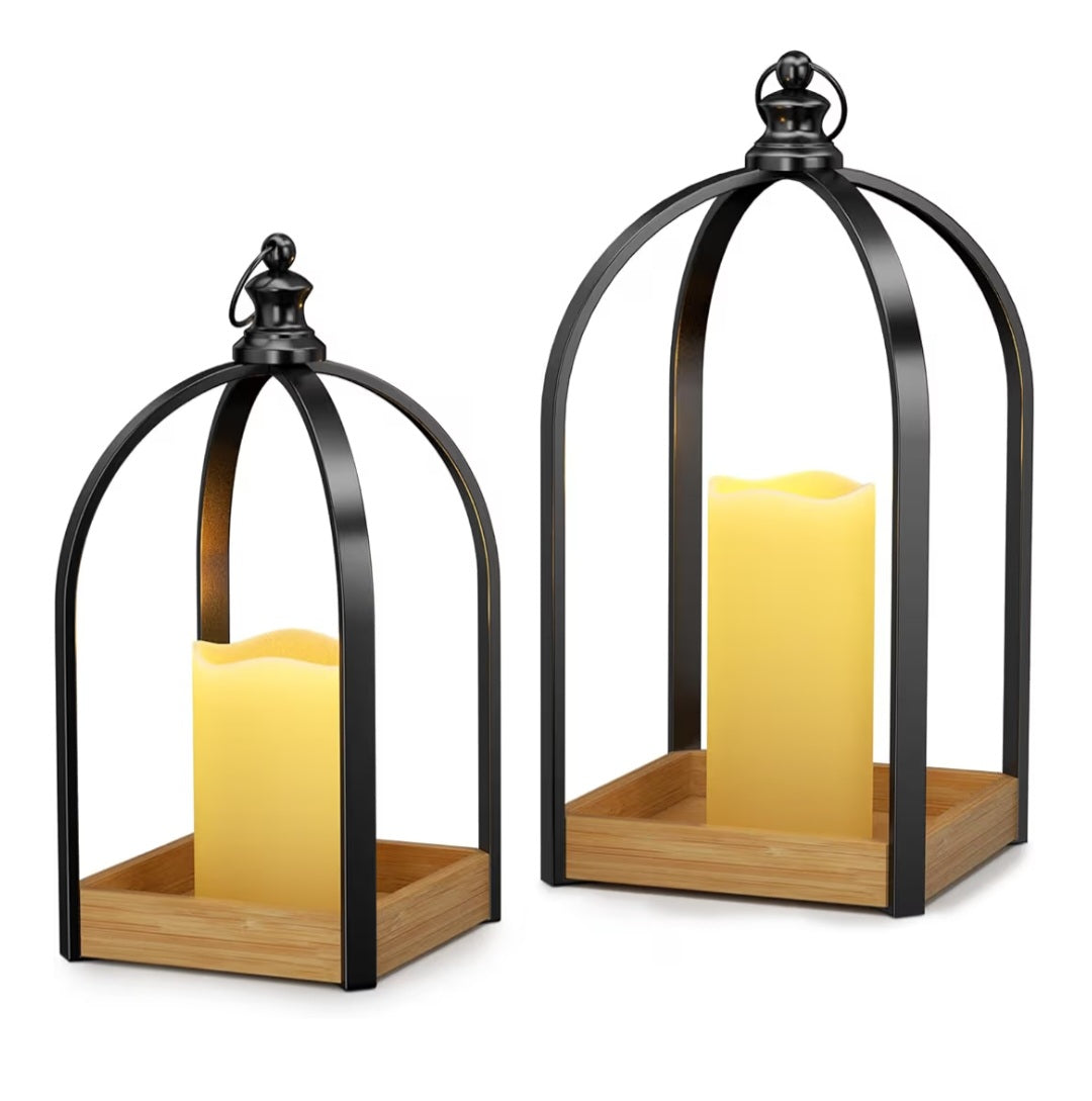 Farmhouse Lantern Decor Set of 2, Black Metal Candle Lanterns w/Timer & Remote-Controlled Flickering