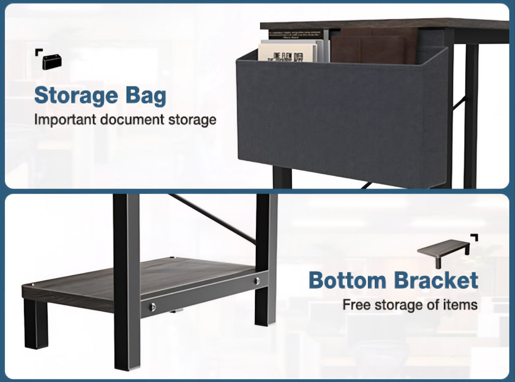 L Shaped Desk,Grey Office Computer Gaming Desks Corner PC Table with Side Bag and Reversible Shelf