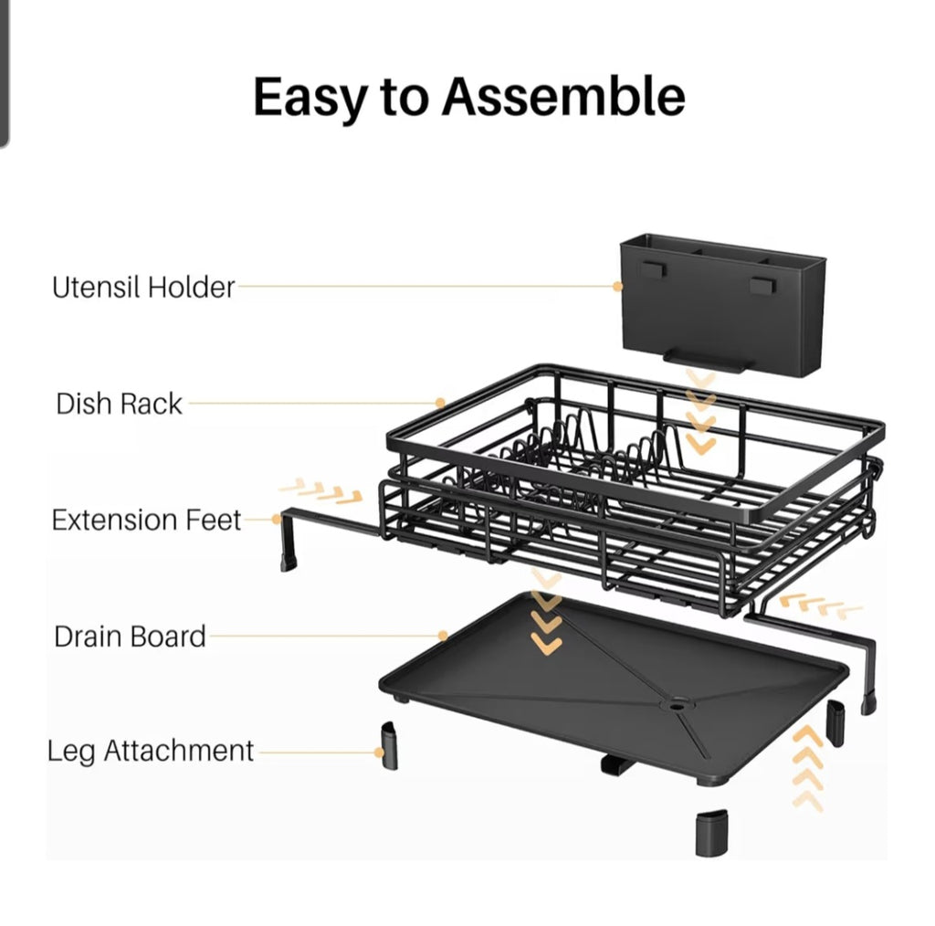 Dish Drying Rack-Extendable Large for Kitchen Counter, Stainless Steel with Utensil Holder (Black)