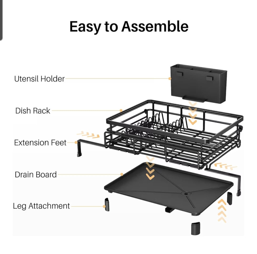 Dish Drying Rack-Extendable Large for Kitchen Counter, Stainless Steel with Utensil Holder (Black)