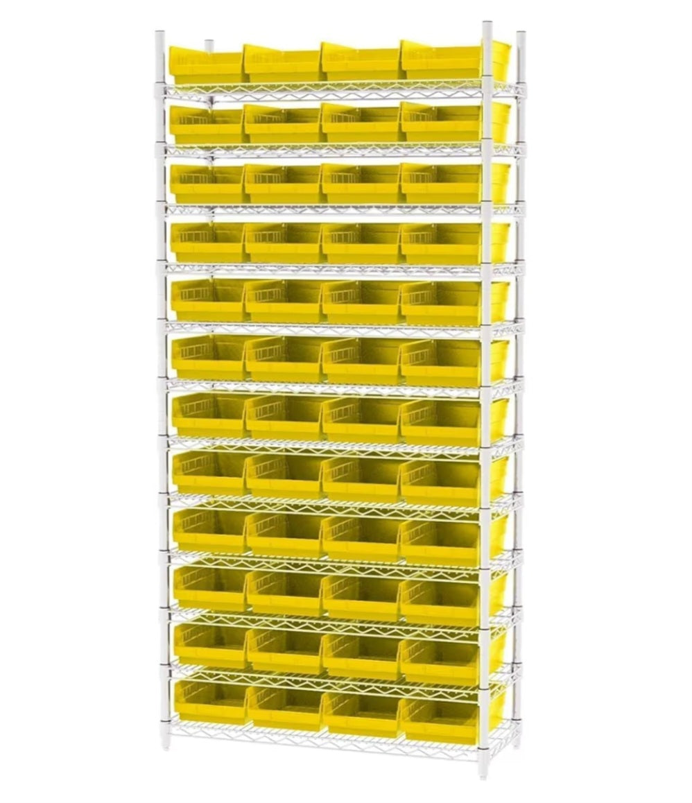 Plastic Shelf Bins, Heavy Duty Storage Bins for Garage, Closet, and Drawer Organization, 12" x 8" x 4", Yellow, 6-Pack