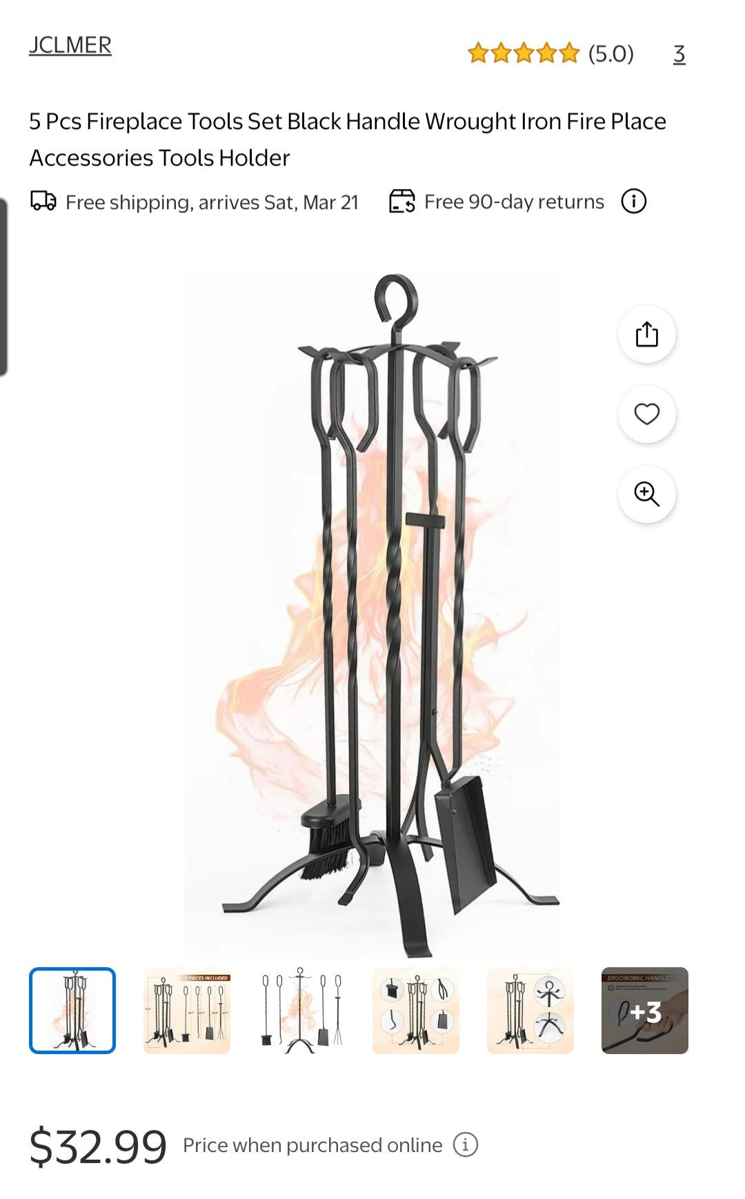 Fireplace Tool Set 5PC Wrought Iron