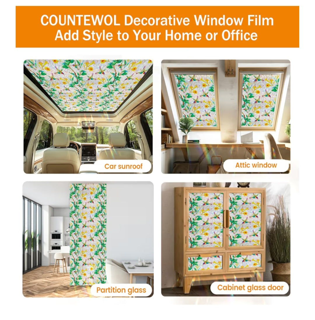 LONG & Big Rolls of Window Privacy Film Stained Glass Window Film Hummingbird Bloom 45.2 x157.4 in