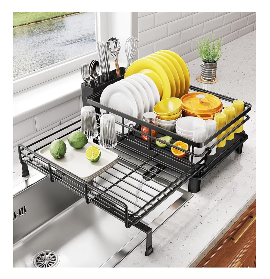 Dish Drying Rack-Extendable Large for Kitchen Counter, Stainless Steel with Utensil Holder (Black)