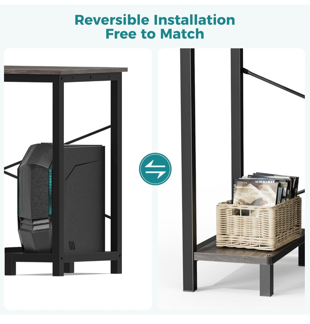 L Shaped Desk,Grey Office Computer Gaming Desks Corner PC Table with Side Bag and Reversible Shelf