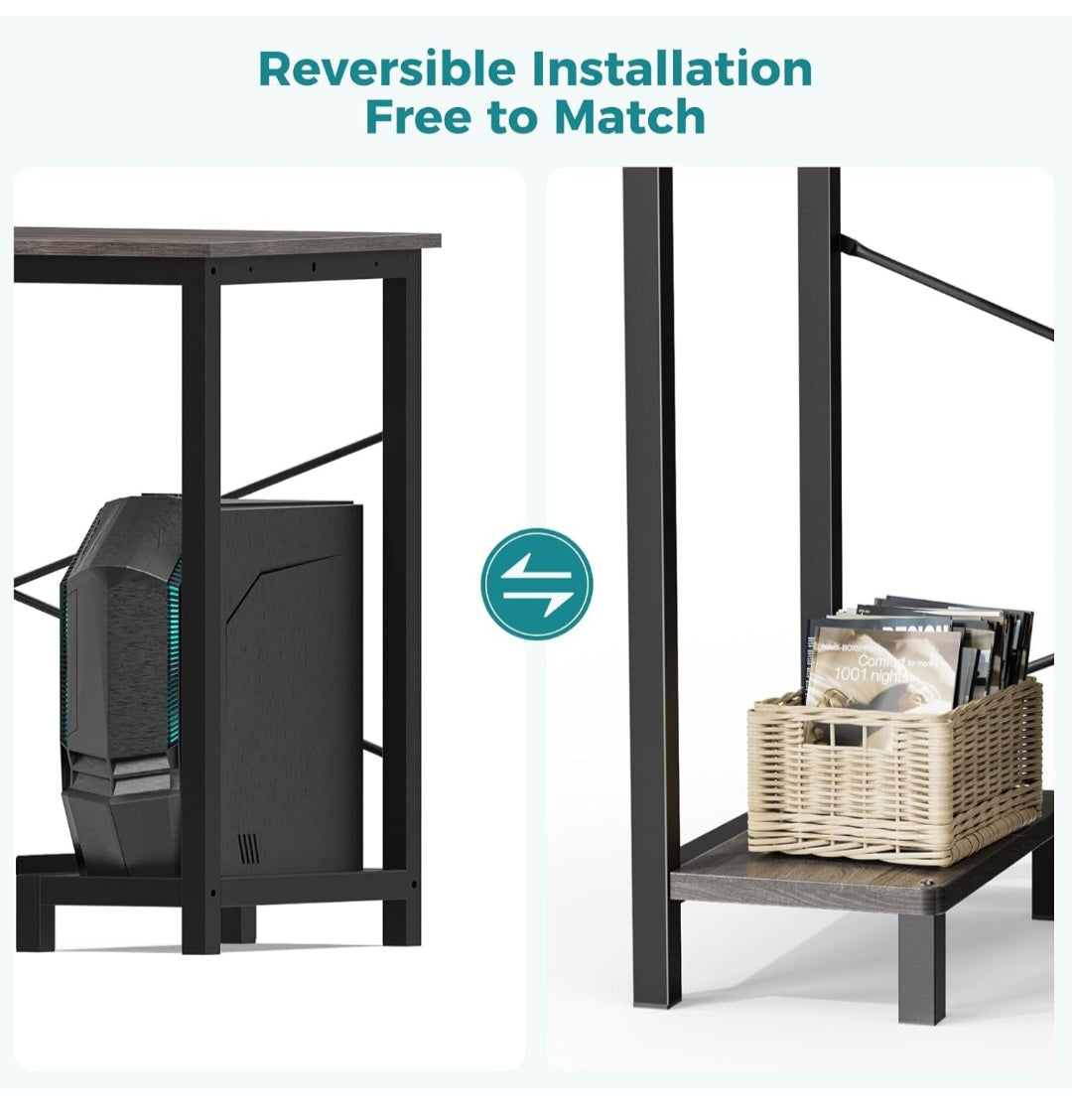 L Shaped Desk,Grey Office Computer Gaming Desks Corner PC Table with Side Bag and Reversible Shelf