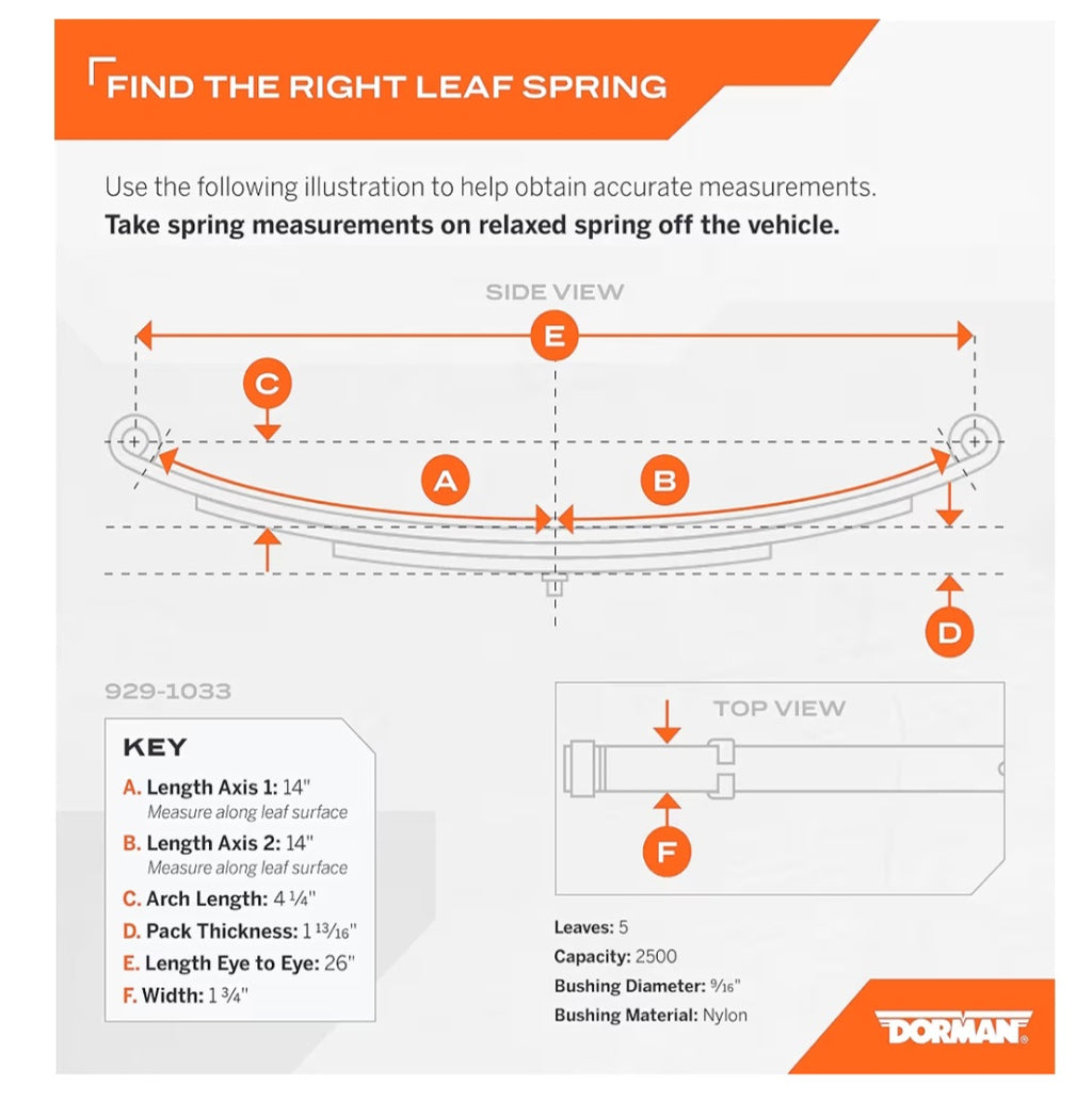Utility Trailer Leaf Spring, Eye/Eye, 1 3/4" Width, 26" Length, 4 1/4" Arch, 5 Leaf, 2500lb Capacity