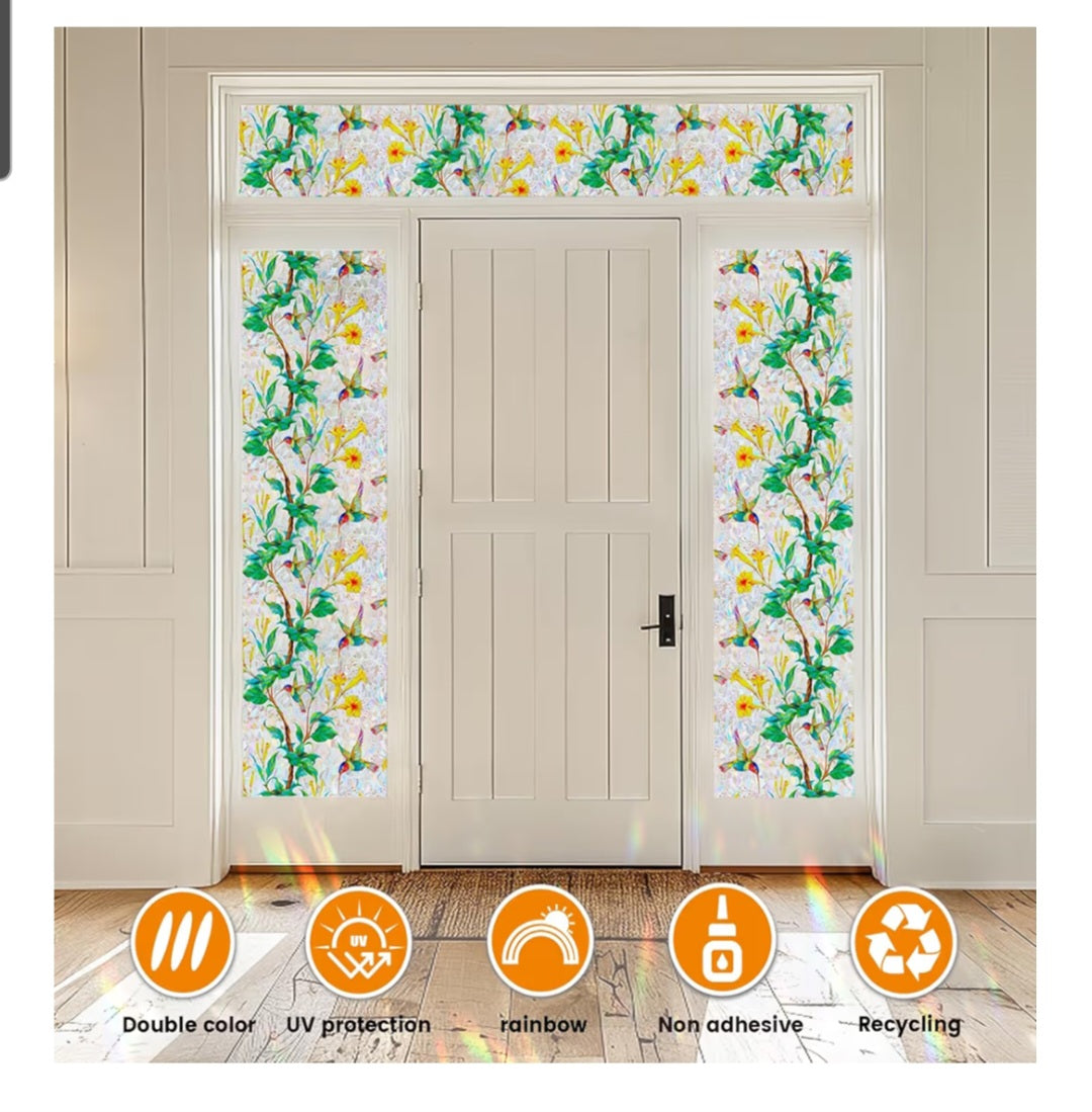 LONG & Big Rolls of Window Privacy Film Stained Glass Window Film Hummingbird Bloom 45.2 x157.4 in