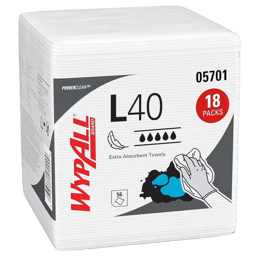 Wypall PowerClean L40 Cloths Extra Absorbent, Quarterfold, Bulk Paper Wipers, White (18 Packs of 56 Sheets, 1,008 Sheet Total)