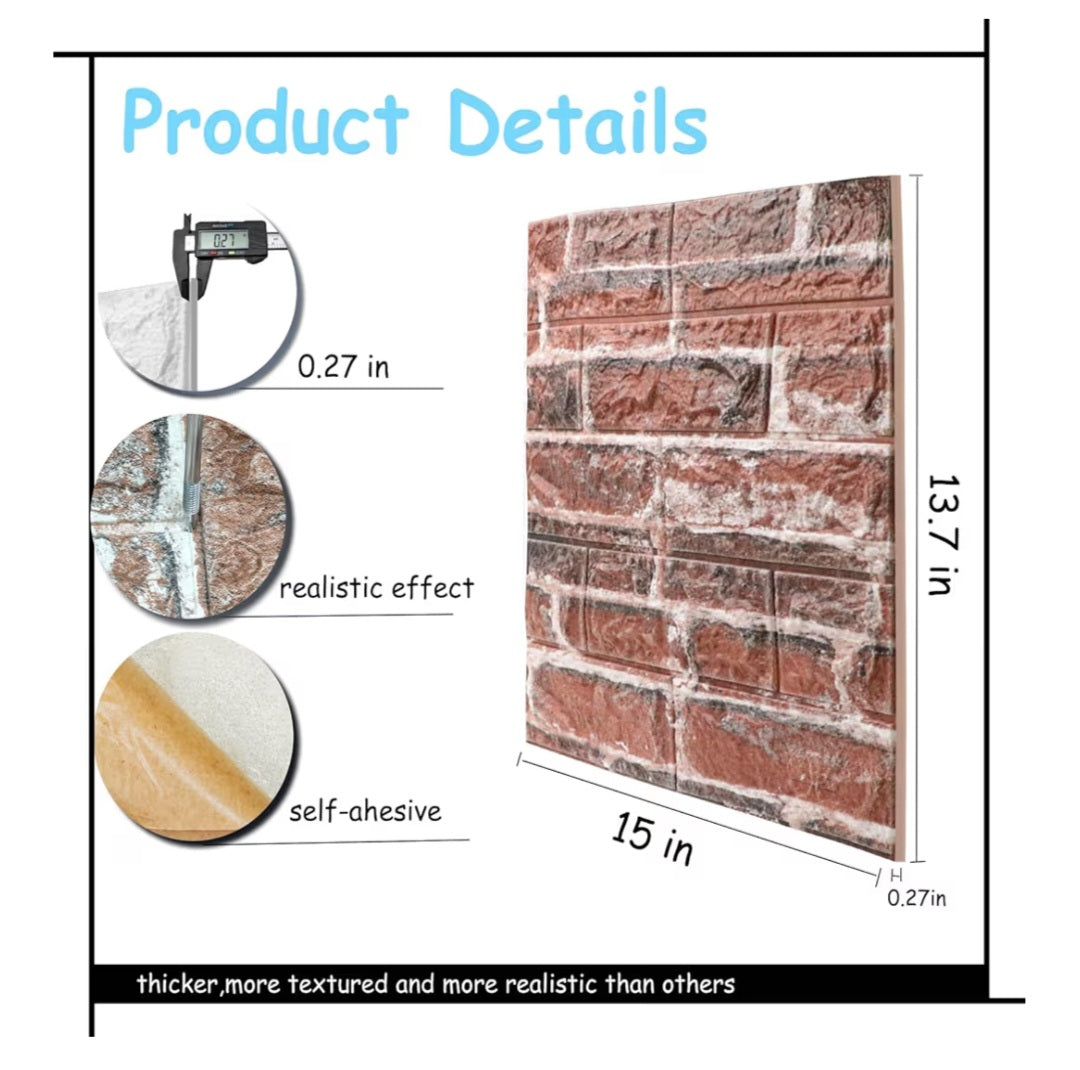 3D Faux Brick Wall Panels Peel and Stick in Red White, 40 PCS XPE Foam 3D Wallpaper