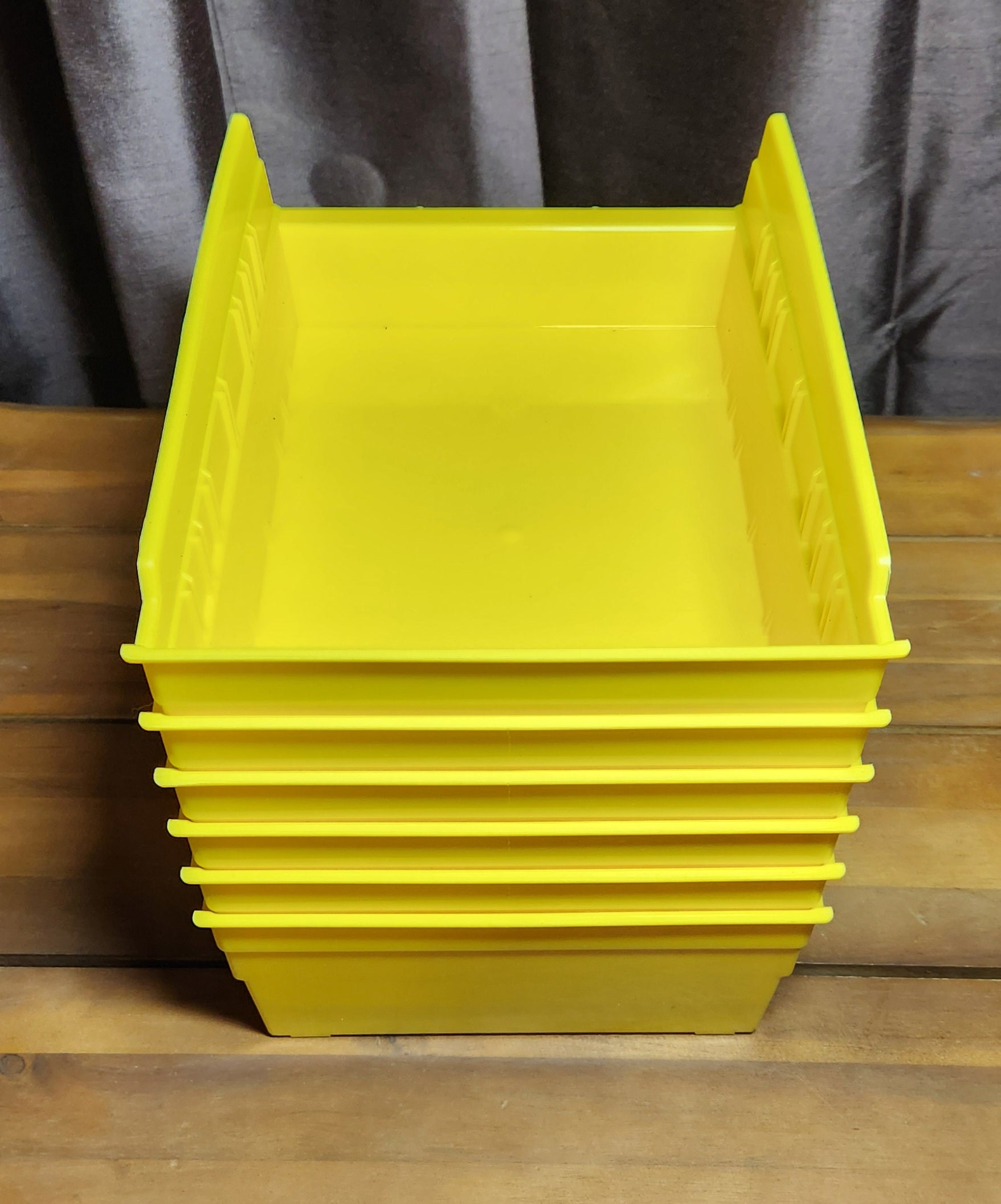 Plastic Shelf Bins, Heavy Duty Storage Bins for Garage, Closet, and Drawer Organization, 12" x 8" x 4", Yellow, 6-Pack