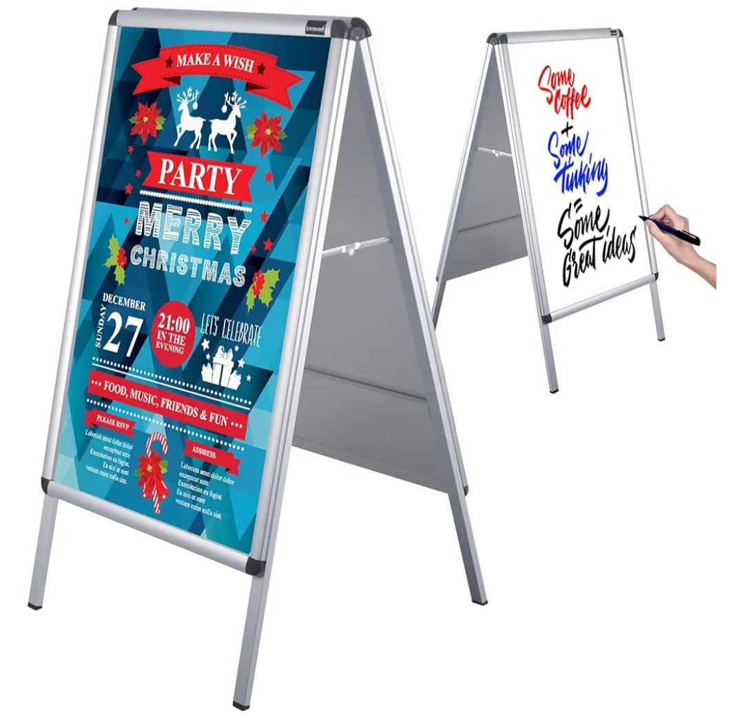 Snap Open A-Frame Sidewalk Sign 34” X 24”, Aluminum Front Load Poster Holder for A1 Size, Magnetic Double Sided Sandwich Board Dry Erase Surface