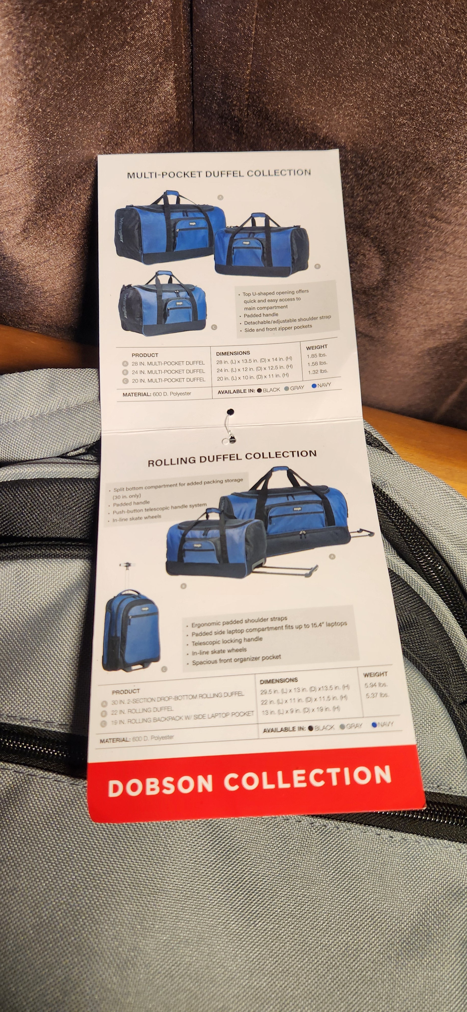 Wrangler Travel Duffel or Backpack Dobson Set, Charcoal, 19" Rolling Backpack