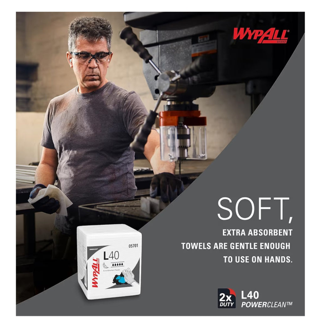 Wypall PowerClean L40 Cloths Extra Absorbent, Quarterfold, Bulk Paper Wipers, White (18 Packs of 56 Sheets, 1,008 Sheet Total)