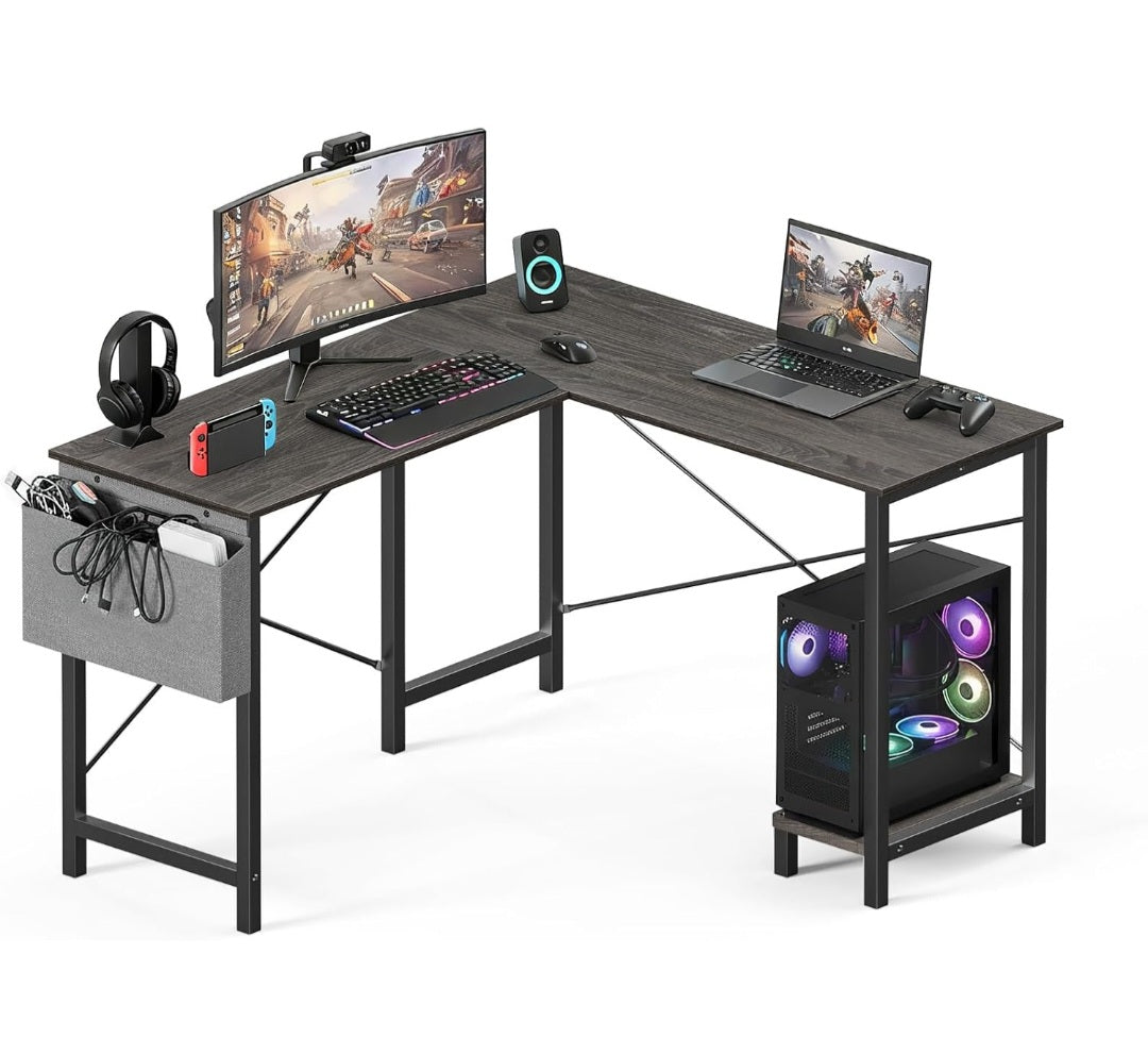 L Shaped Desk,Grey Office Computer Gaming Desks Corner PC Table with Side Bag and Reversible Shelf