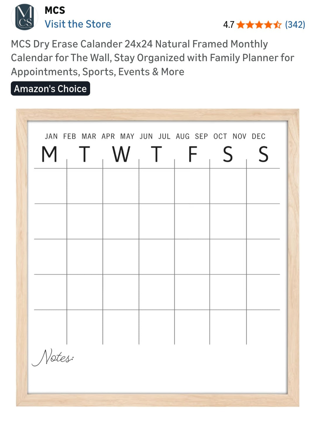 Dry Erase Calendar 24x24 Farmhouse Natural Wood Framed Monthly Organizer NEW