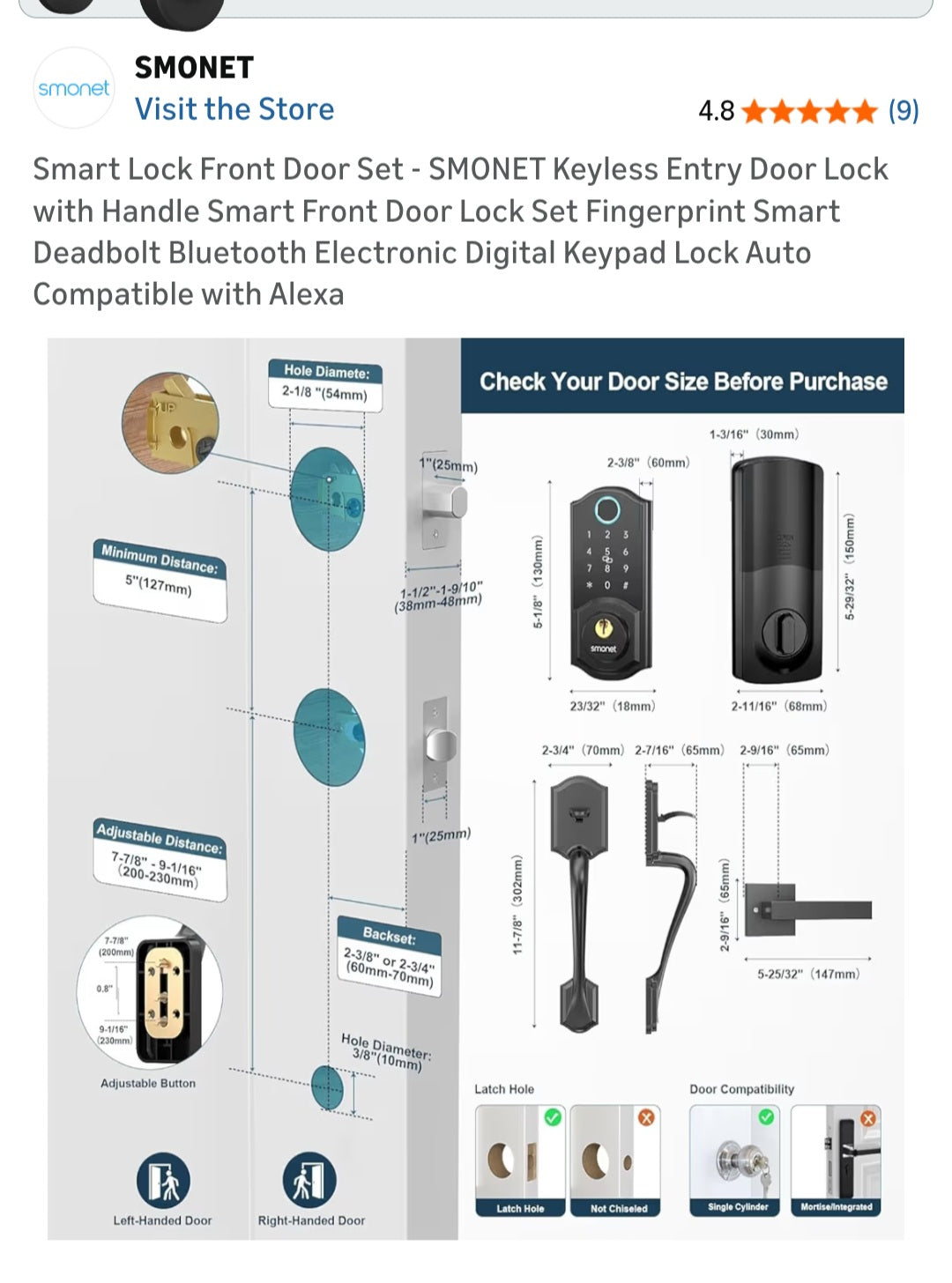 Keyless Entry Smart Lock Keypad, Fingerprint Knob SMONET