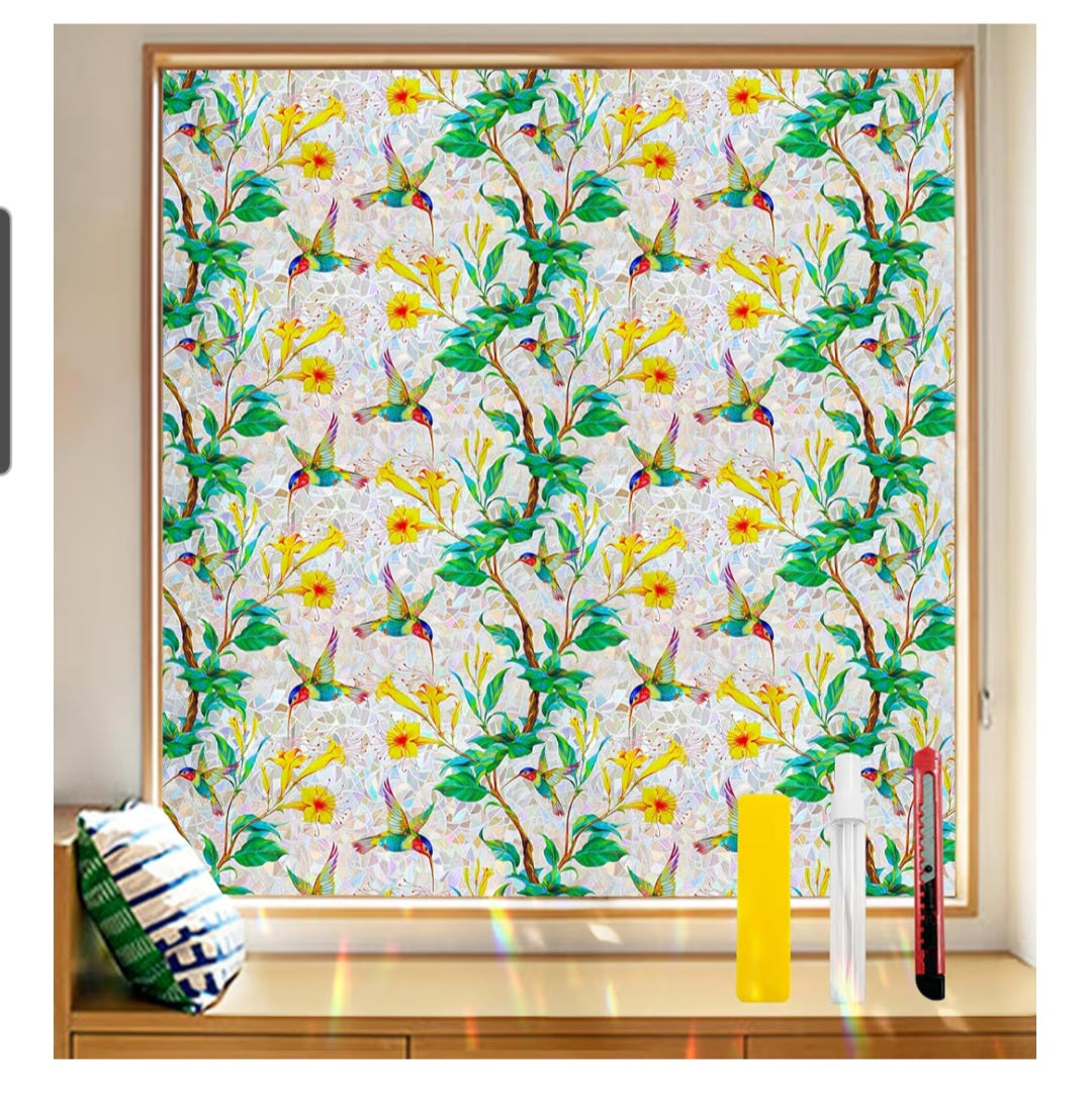 LONG & Big Rolls of Window Privacy Film Stained Glass Window Film Hummingbird Bloom 45.2 x157.4 in