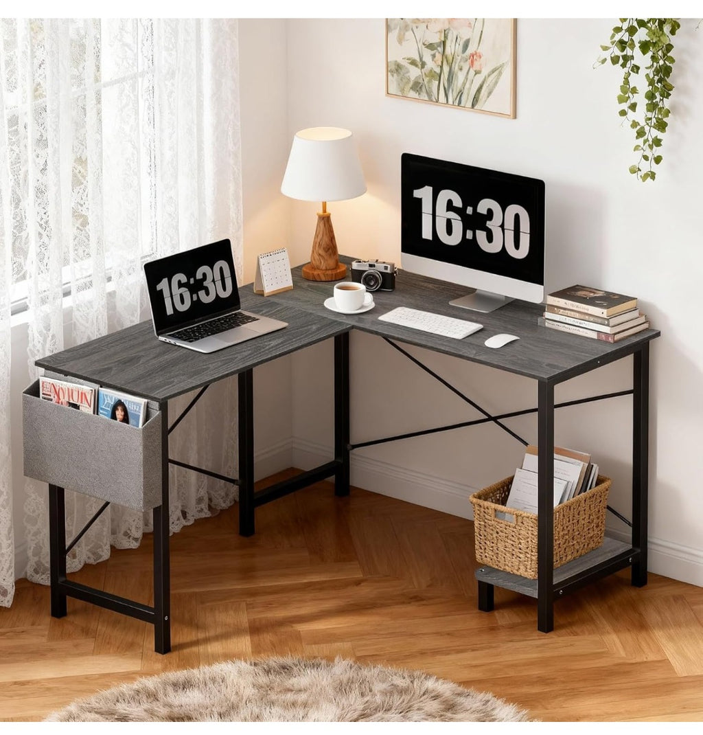 L Shaped Desk,Grey Office Computer Gaming Desks Corner PC Table with Side Bag and Reversible Shelf