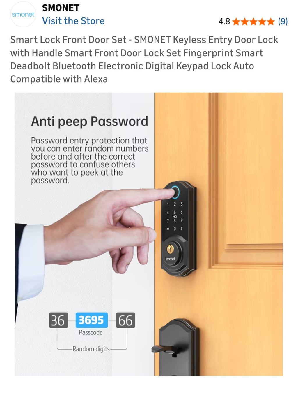 Keyless Entry Smart Lock Keypad, Fingerprint Knob SMONET