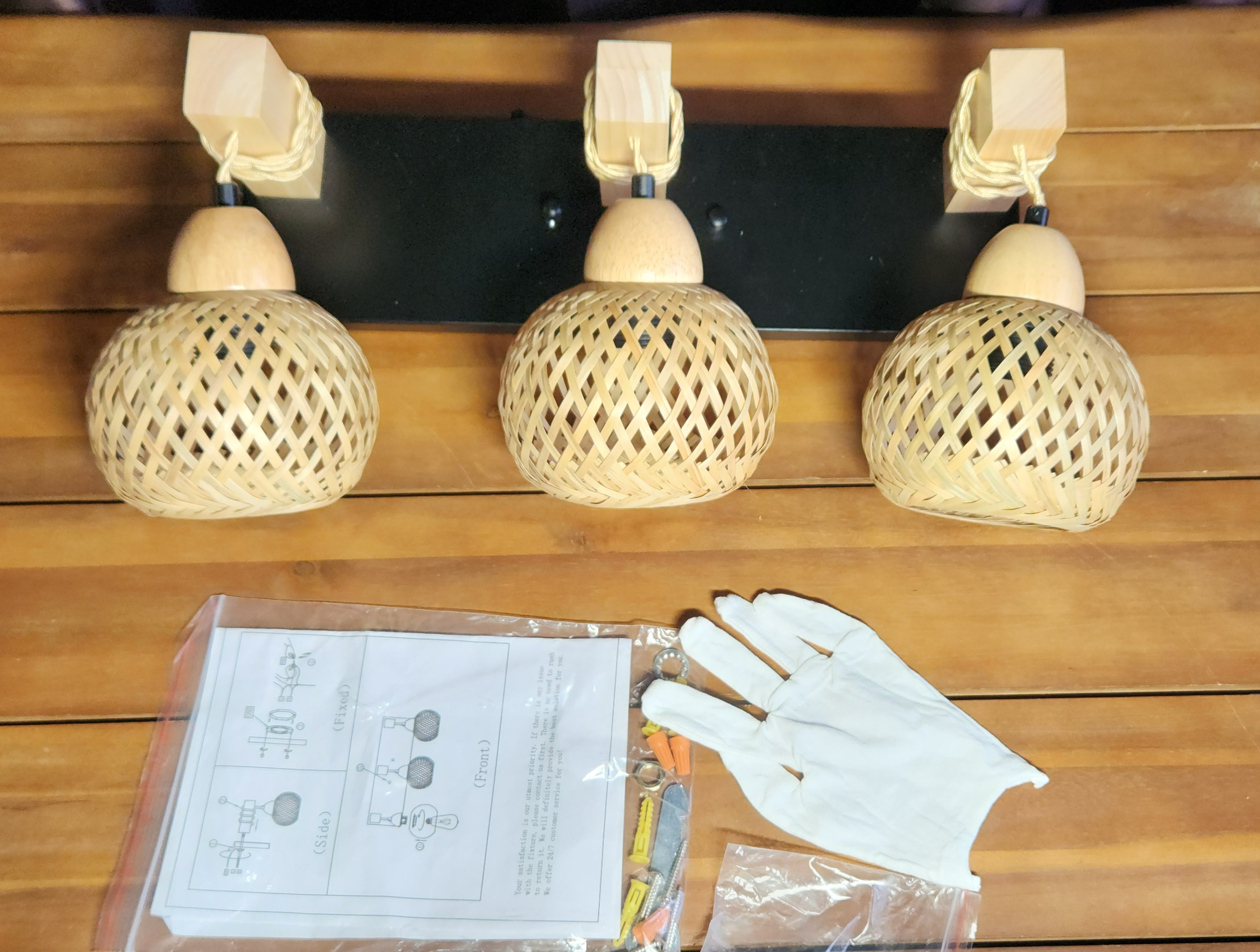 3-Light Boho Vanity Bathroom Hallway Light, Bamboo Wicker Rustic