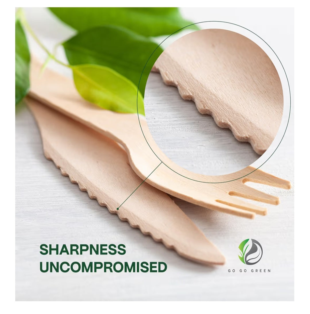 100% Compostable Cutlery Set - 300 Pieces Wooden Compostable Utensils