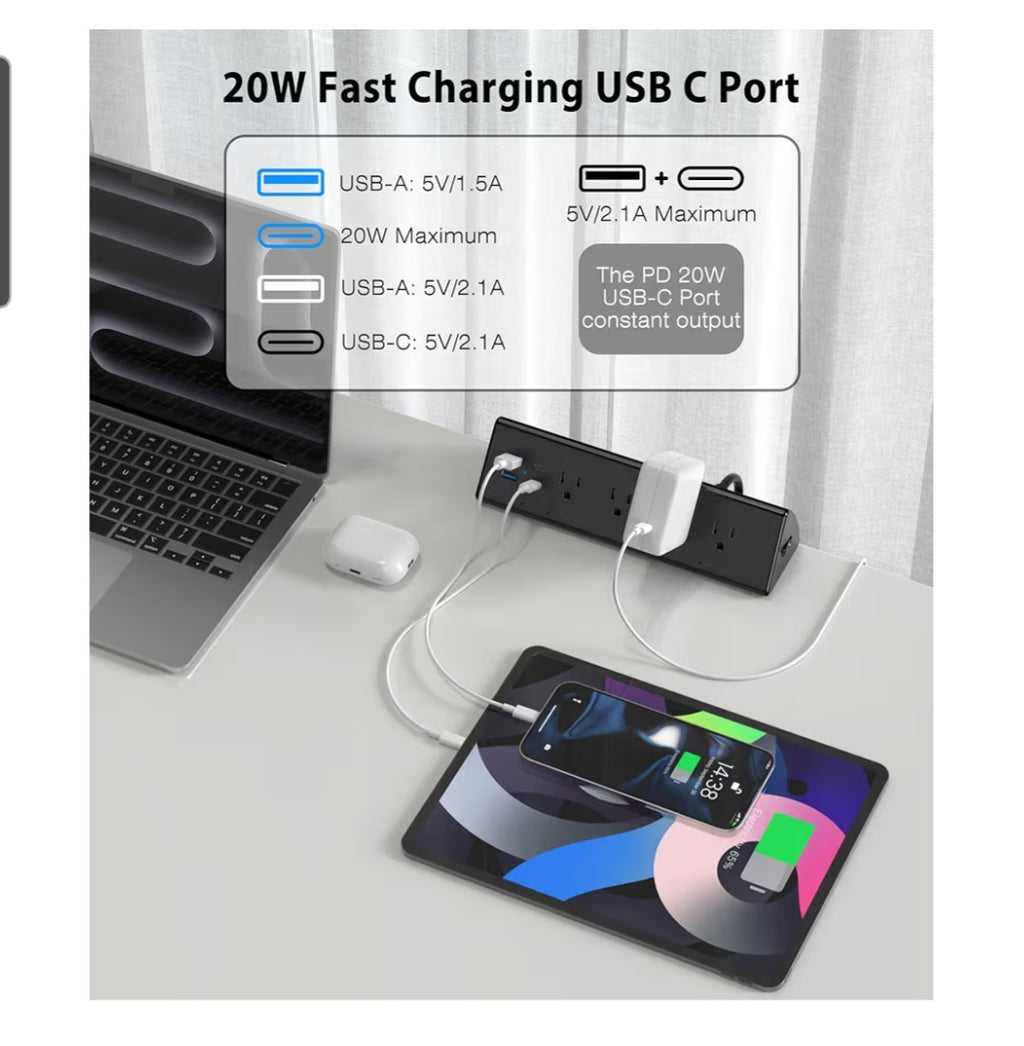 Desk Clamp Power Strip,20W Fast Charging Station,Surge Protector