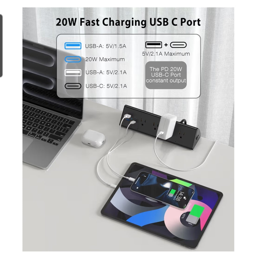 Desk Clamp Power Strip,20W Fast Charging Station,Surge Protector