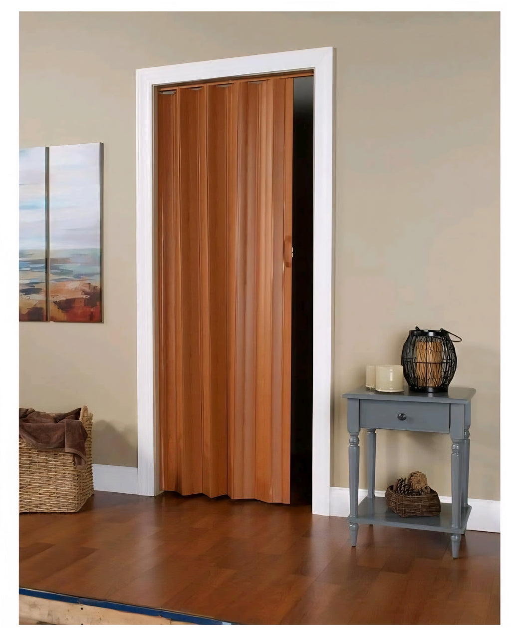 36 in. x 80 in. Fruitwood Vinyl Accordion Folding Door with Hardware Trimmable