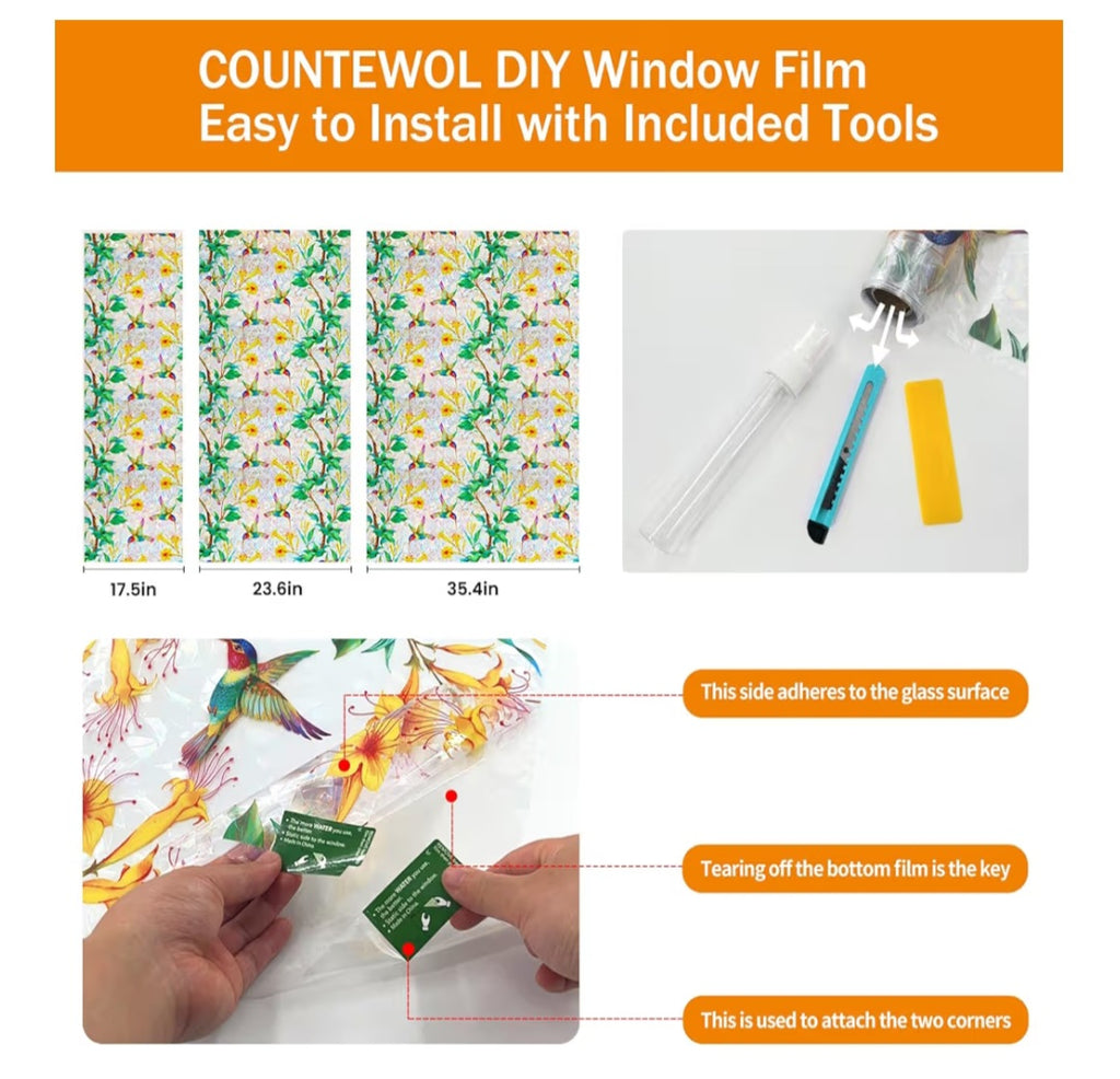 LONG & Big Rolls of Window Privacy Film Stained Glass Window Film Hummingbird Bloom 45.2 x157.4 in