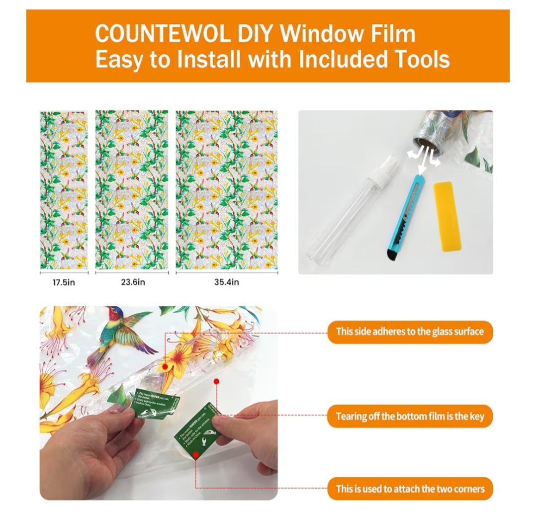 LONG & Big Rolls of Window Privacy Film Stained Glass Window Film Hummingbird Bloom 45.2 x157.4 in