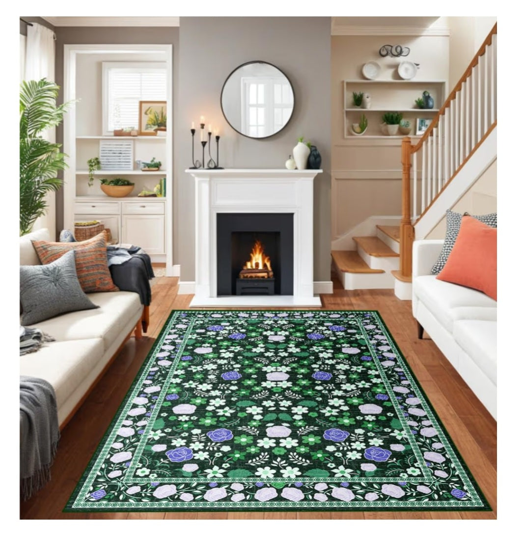 Green Area Rug 5'x7' Washable for Living Room, Low Pile Non-Slip Vintage Printed Rug