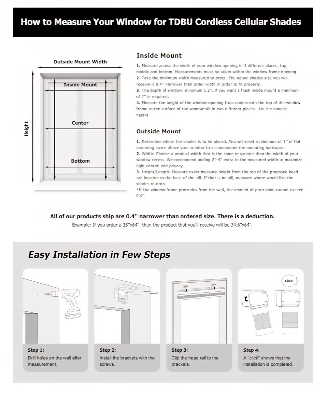 Top Down Bottom Up (TDBU) Cordless Cellular Shades, Blackout Light Blocking Honeycomb Shades 32" x 64"
