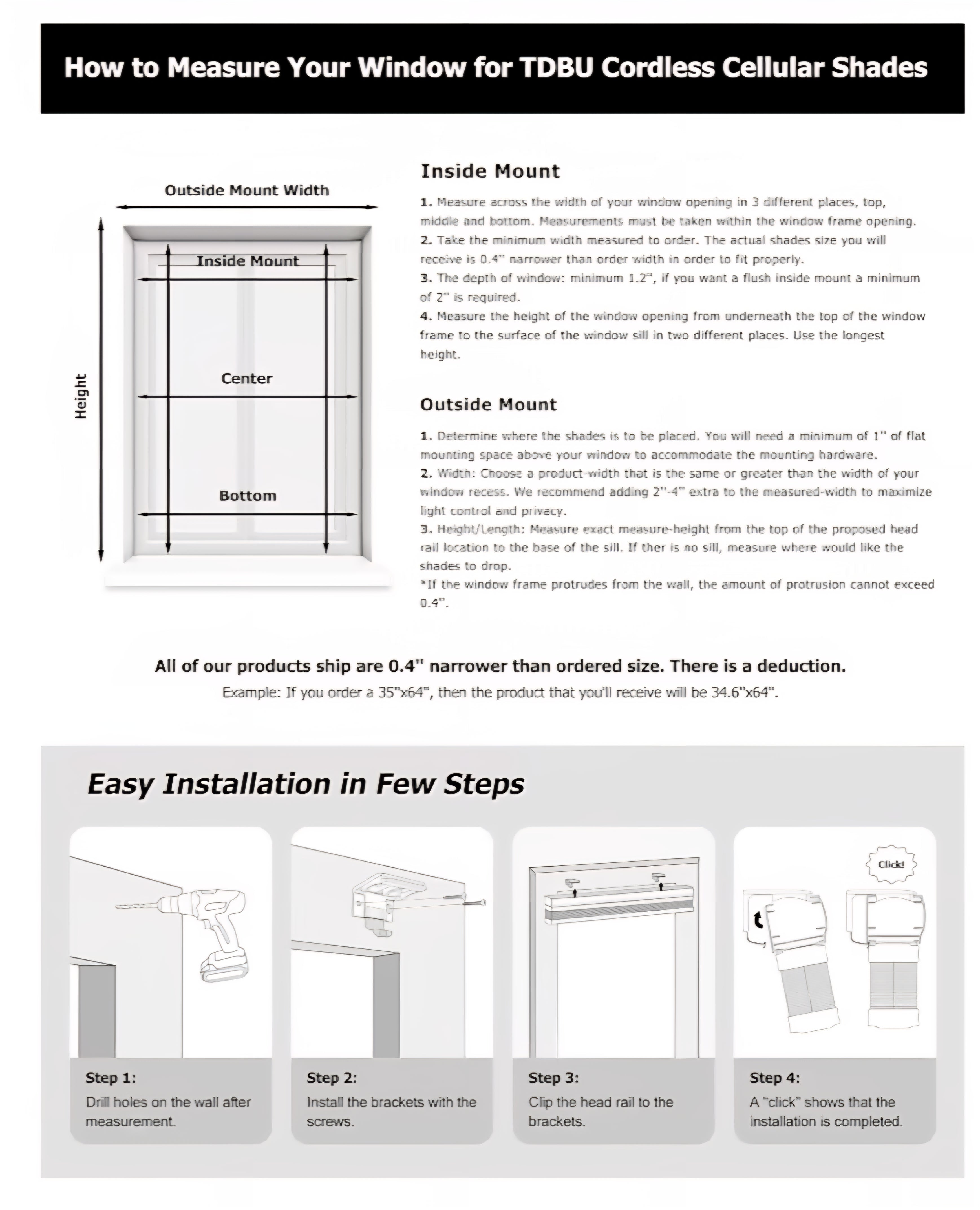 Top Down Bottom Up (TDBU) Cordless Cellular Shades, Blackout Light Blocking Honeycomb Shades 32" x 64"