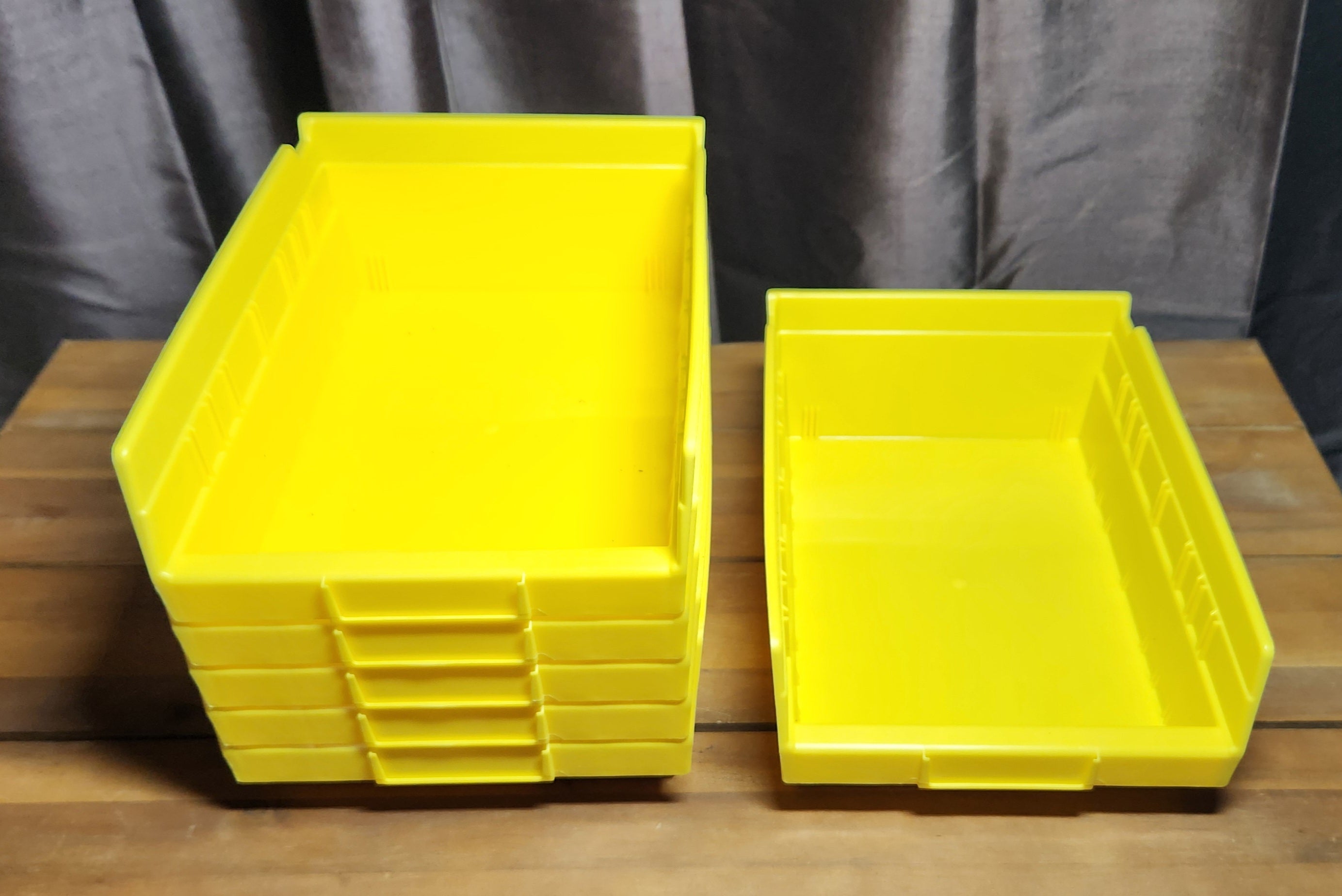 Plastic Shelf Bins, Heavy Duty Storage Bins for Garage, Closet, and Drawer Organization, 12" x 8" x 4", Yellow, 6-Pack